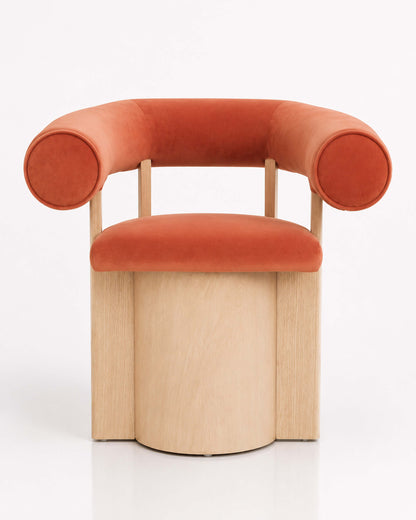 Chair with orange cushioned backrest and seat on a white background